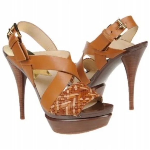 Michael Kors Juniper Teak Leather Combo Platform Sandals Heels, 9M - Picture 1 of 15